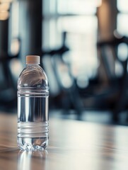 Minimalist transparent water bottle on gym floor invites hydration and refreshment during workout sessions