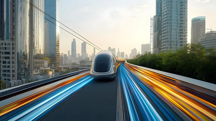 Naklejka premium Futuristic Autonomous Vehicle Speeding Through Modern City With Motion Blur Light Trails At Sunset