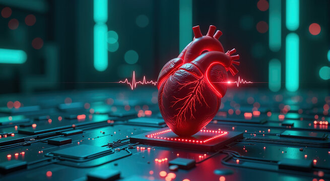 Realistic 3D render of a human heart on a futuristic circuit board.  Ideal for medical, technology and science related projects.