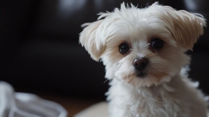 Cute fluffy dog with big expressive eyes.