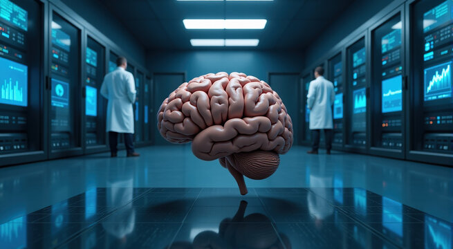 A realistic 3D render of a human brain floating in a futuristic server room with scientists in the background. AI, neuroscience, medical research concept.
