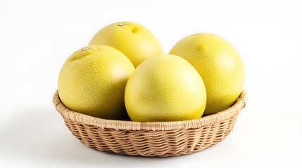 Four pomelos arranged in a woven basket on white