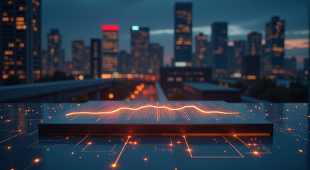 Abstract futuristic cityscape background with glowing data graph. Ideal for technology, finance, and business concepts.