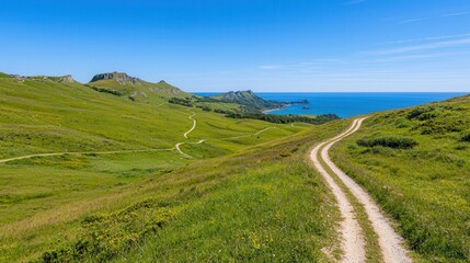 Naklejka premium Summer vacation destinations getaway activities fun. Scenic path through green hills leading to the ocean.