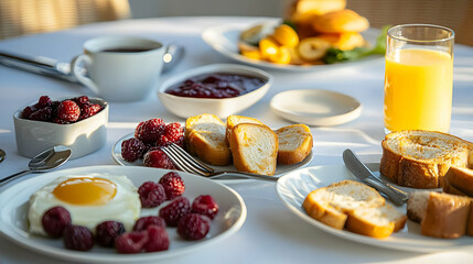 Bright Morning Breakfast Spread With Eggs Raspberries Bread Pastries Fruit Jam and Beverages on a White Tablecloth