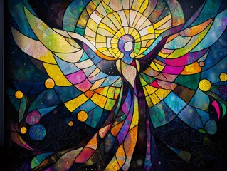Angel spreading wings in colorful stained glass window depicting easter celebrations. Generative ai illustrations