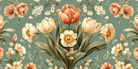 Art Nouveau pattern with daffodils and tulips