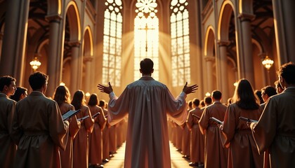Easter Sunday choir singing in cathedral with warm sunlight streaming through windows