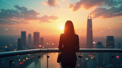 Businesswoman on a glass bridge viewing digital data over sunrise cityscape