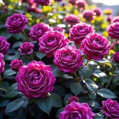 a group of purple roses are blooming in the sun