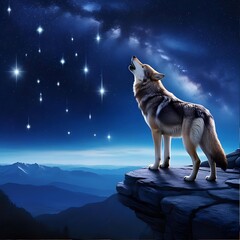 Wolf Howling Under the Starry Night Sky