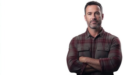 Fototapeta premium Confident Man in Casual Attire with Arms Crossed Against a White Background
