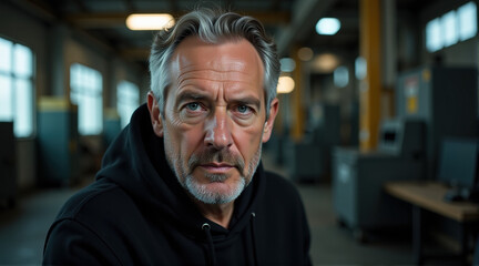Fototapeta premium Portrait of a serious middle-aged man in a factory setting. Perfect for illustrating concepts of industry, manufacturing, or leadership.