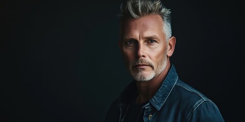 Portrait of a Mature Man with Silver Hair in a Dark Setting, Exuding Confidence and Wisdom