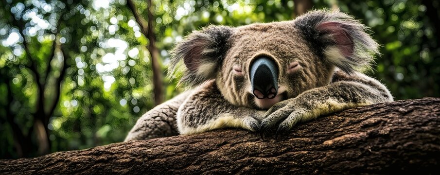A sleeping koala resting peacefully on a large wooden branch