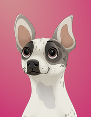 Cartoon portrait of a small dog with distinctive markings, set against a bright pink background.