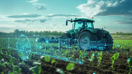 A Futuristic Green Tractor Intelligently Cultivates A Vibrant Field Under A Bright Sunny Sky With Digital Overlays Showing Data Streams