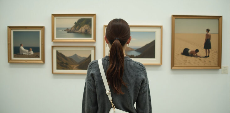 Young woman appreciating artwork in an art gallery.