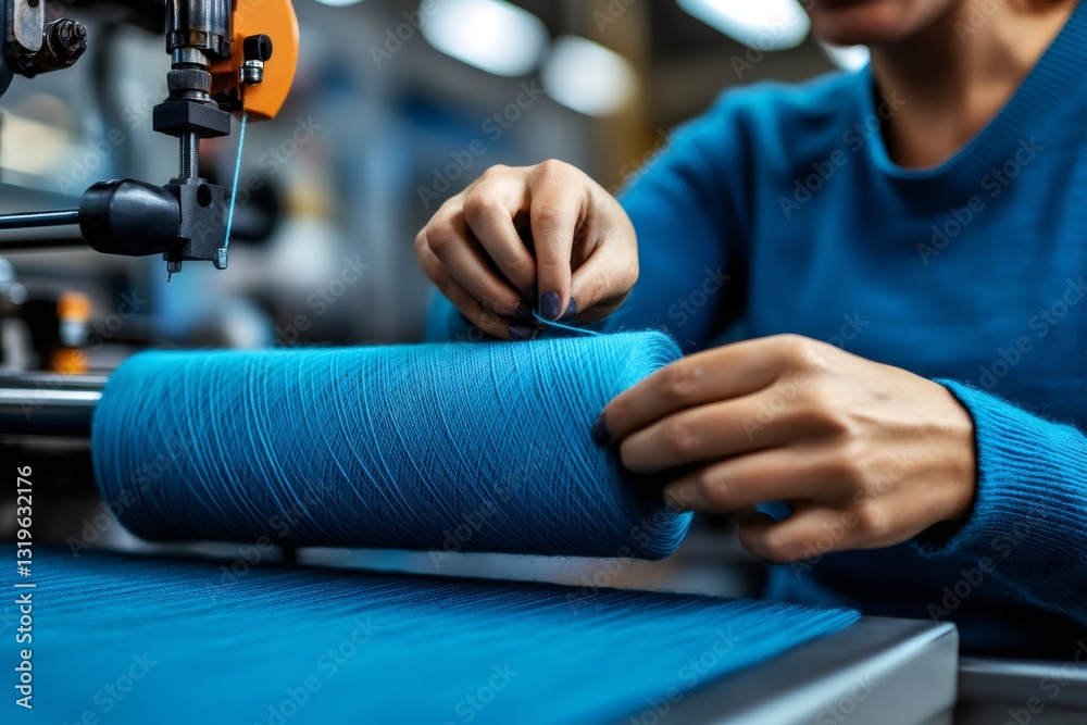 Poster Textile worker inserting thread into industrial weaving machine in factory