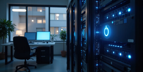 Image of a modern server room at night with glowing blue lights. The focus is on a server rack with a power button illuminated in blue.