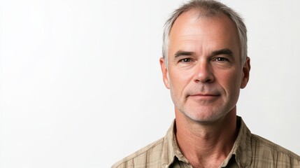 Confident Middle-Aged Man with Gray Hair in Casual Attire Against a Neutral Background