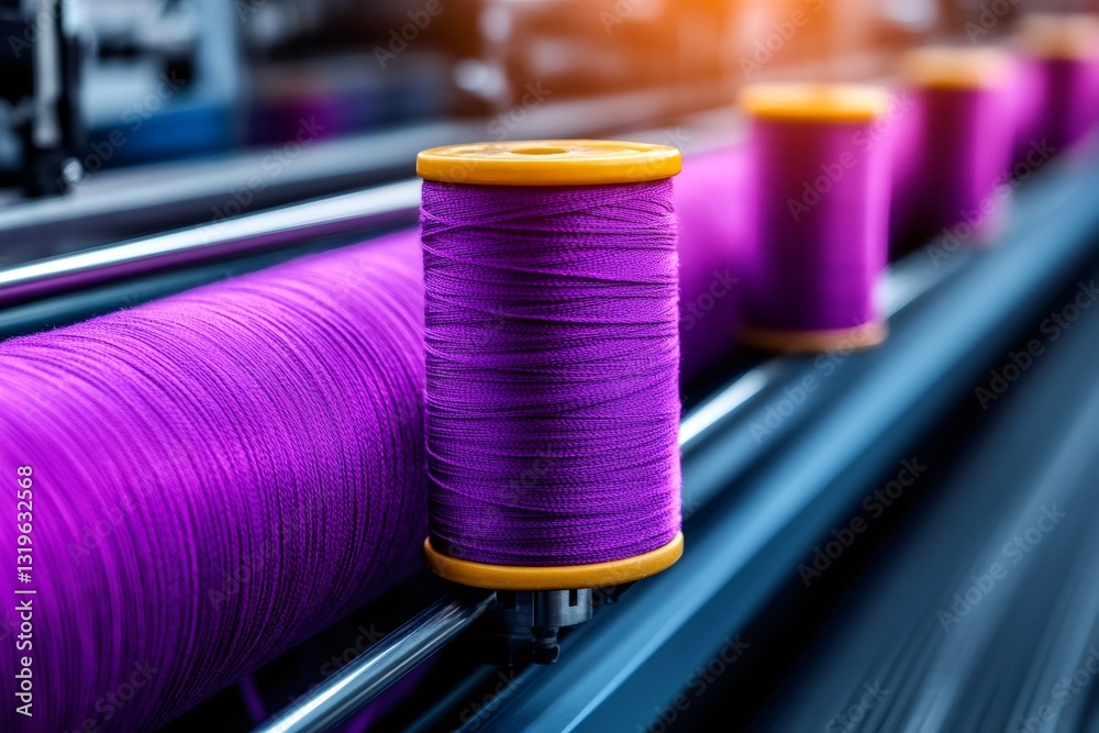 Poster purple thread reels feeding a weaving machine in a textile factory