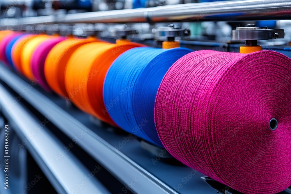 Poster Colorful spools of thread rotating in a textile factory