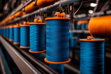 Industrial sewing machine processing blue thread spools in textile factory