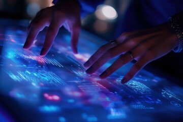 Close-up of hands interacting with a futuristic, holographic interface displaying data.