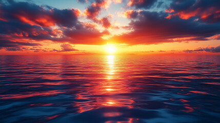 Fototapeta premium A peaceful ocean view during sunset, with the sea shimmering and colorful clouds in the sky.