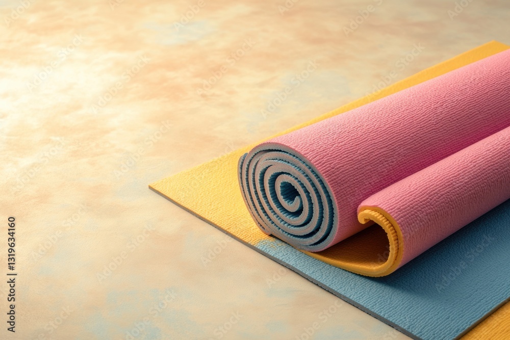 Poster minimalistic yoga mat positioned diagonally on a soft background in muted tones for a clean, serene 