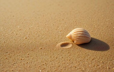 Single seashell on golden beach sand with soft shadows, shell on the beach, seashell on beach sand