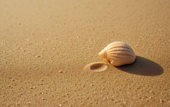 Single seashell on golden beach sand with soft shadows, shell on the beach, seashell on beach sand