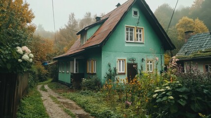 Misty Morning at a Quaint Green House nestled in the Autumnal Hills