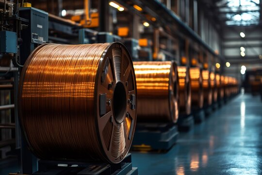 Production of copper wire, coils of electric cable in a factory