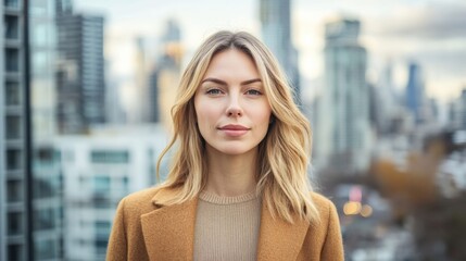 Confident Young Woman Posing Against a City Skyline in Soft Natural Light