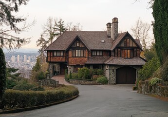 Naklejka premium Elegant residence with stone and wood exterior surrounded by lush greenery and a scenic view of the city skyline at sunset in a serene neighborhood