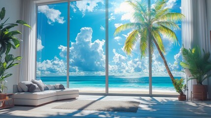 Bright and Inviting Interior with Beach View and Palm Tree in Modern Living Room Setting