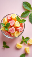 A bowl filled with assorted colorful candy pieces placed on a pink background with scattered mint leaves. The candies are vibrant and appear to have a heart shape.