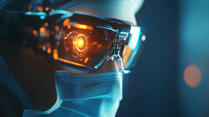 A Futuristic Surgeons Intense Gaze Through High-tech Augmented Reality Glasses, Illuminated By Vibrant Orange Digital Overlays In A Dimly Lit Operating Room