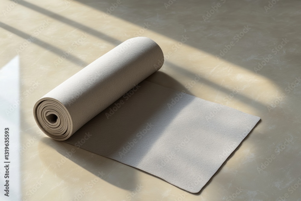 Poster Minimalistic yoga mat on a light background with muted tones and ample space for a calming atmosphere