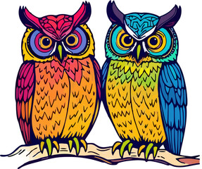 abstract illustration of 2 colorful owls