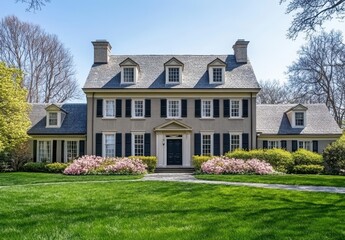 Obraz premium Elegant two-story home with classic architecture, picturesque garden, blooming flowers, and vibrant green lawn in serene suburban neighborhood setting