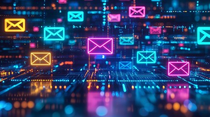 Futuristic Digital Communication Concept with Colorful Email Icons in a High-Tech Environment