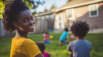 Smiling woman watching children playing with balls in a backyard on a sunny day. Outdoor activities.
