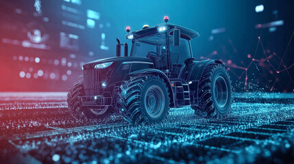 A Futuristic Tractor, A Symbol Of Technological Advancement In Agriculture, Stands Proudly In A Field Illuminated By A Vibrant, Digital Glow