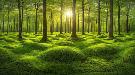 a forest with vibrant green moss undulating across the floor, illuminated by sunlight filtering through the trees.