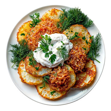 Traditional fried oladyi potato pancakes on transparent background. Ukrainian cuisine and vegetable dish concept. Top view for set, icon, menu, restaurant, design