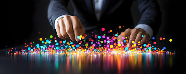 Interactive Colorful Lights Display: Person Creates Vibrant, Sparkling, and Dynamic Digital Art on a Dark Surface with Fingers.