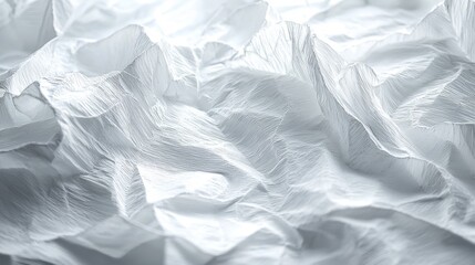 A crumpled white sheet of paper displaying unique textures and shadows on a plain surface